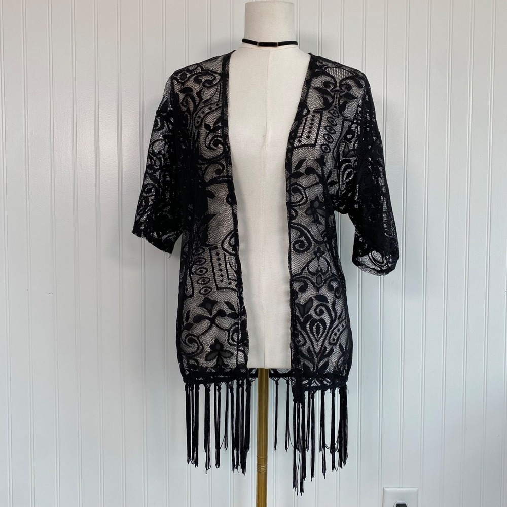 Womens Black Embroidered Sheer Mesh Kimono Top Size XS Fairy Grunge Whimsigoth